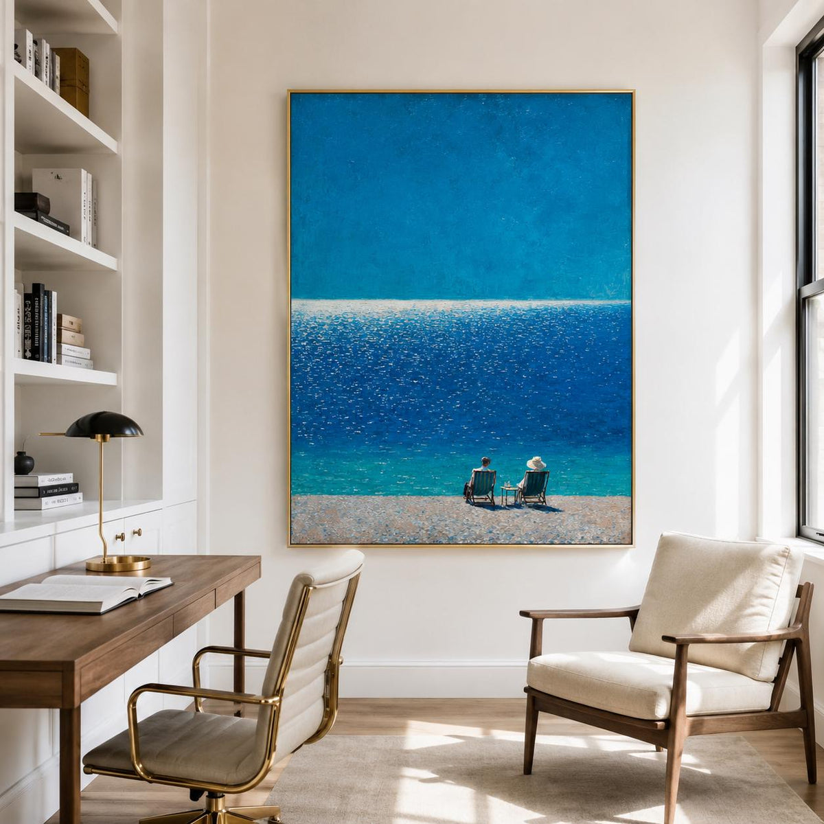 Seated Figures Ocean View Wall Art Deep Blue Canvas Painting for Coastal Bedroom Decor