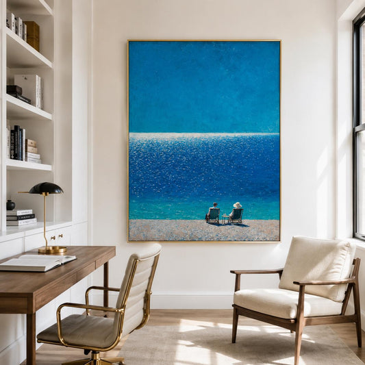 Seated Figures Ocean View Wall Art Deep Blue Canvas Painting for Coastal Bedroom Decor