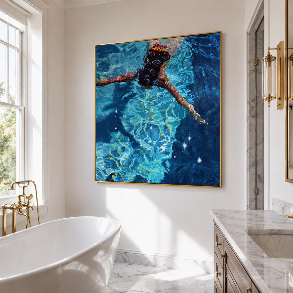 Diving Swimmer Wall Art Deep Blue Pool Textured Canvas Painting for Coastal Bathroom Decor