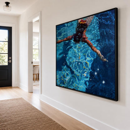 Diving Swimmer Wall Art Deep Blue Pool Textured Canvas Painting for Coastal Bathroom Decor