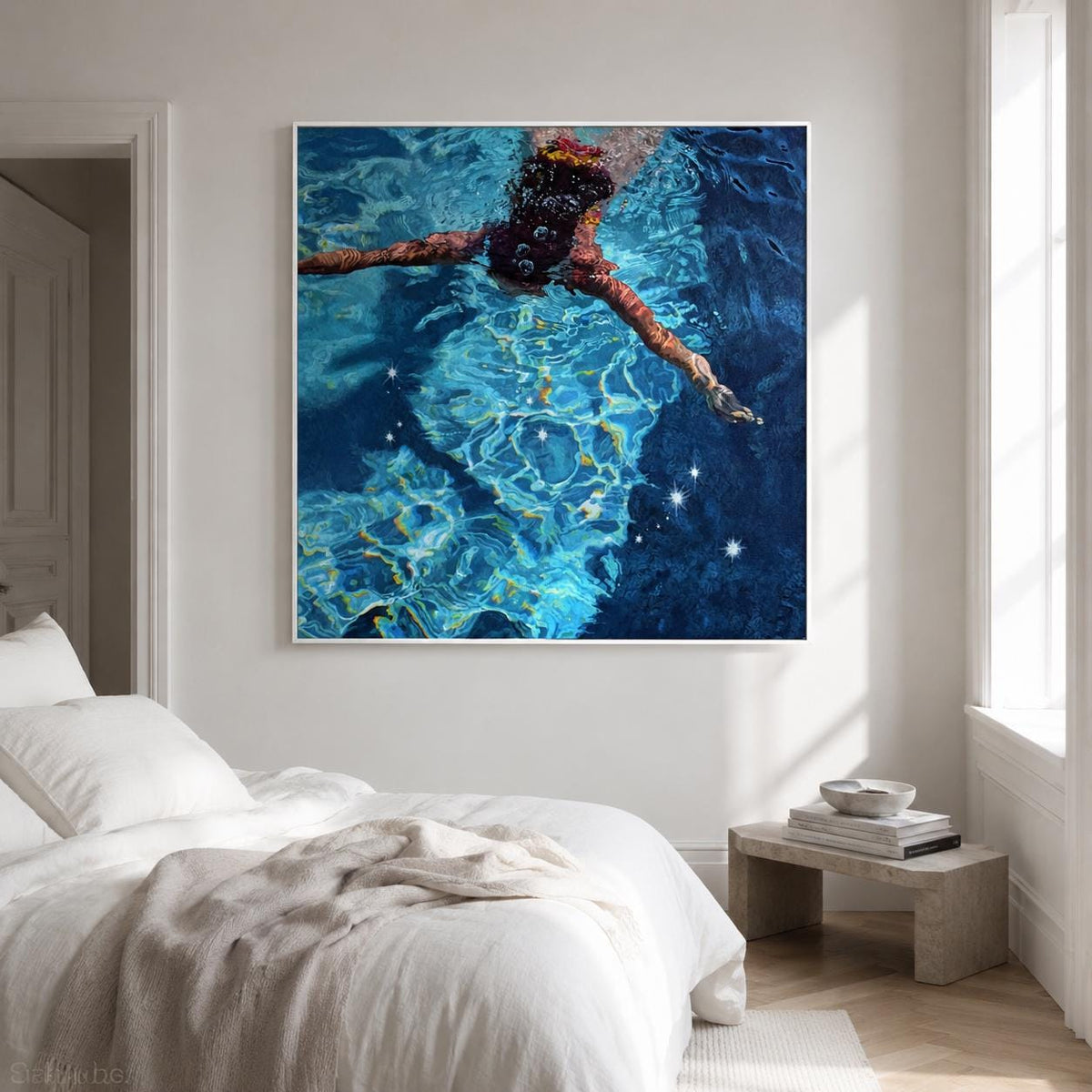 Diving Swimmer Wall Art Deep Blue Pool Textured Canvas Painting for Coastal Bathroom Decor