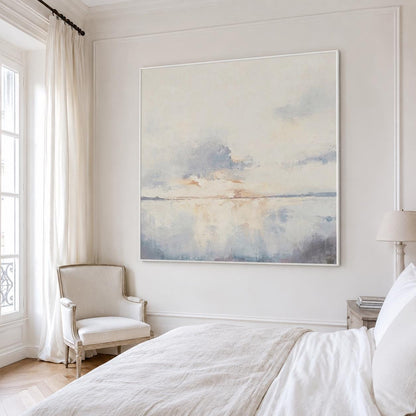 Large Coastal Ocean Wall Art Soft Blue Sunset Canvas Painting for Living Room Decor
