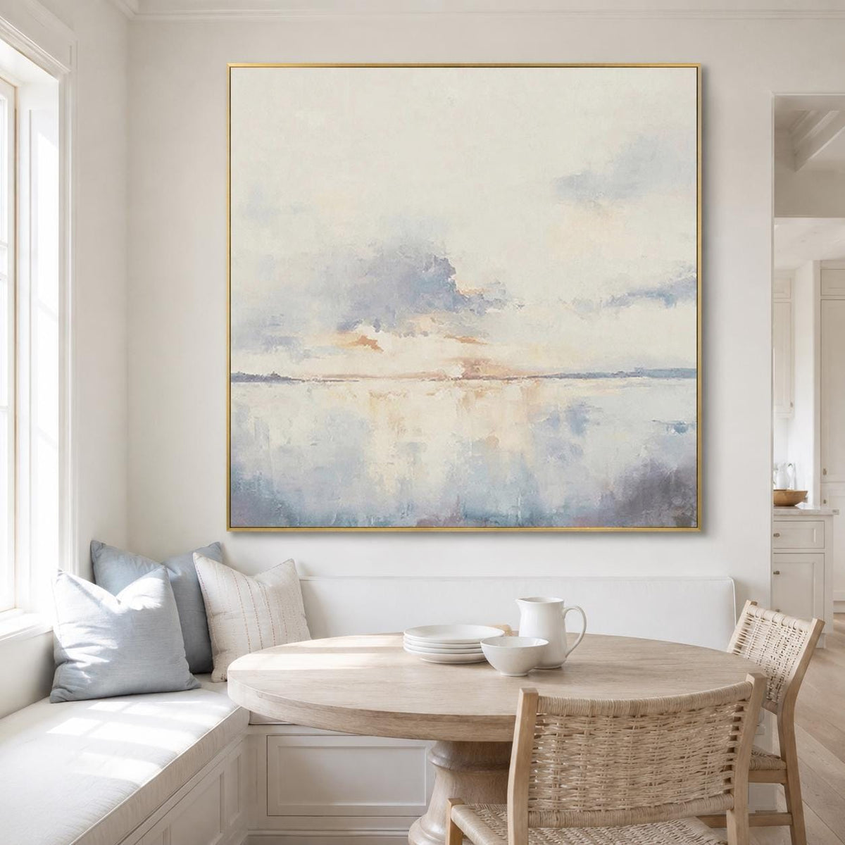 Large Coastal Ocean Wall Art Soft Blue Sunset Canvas Painting for Living Room Decor