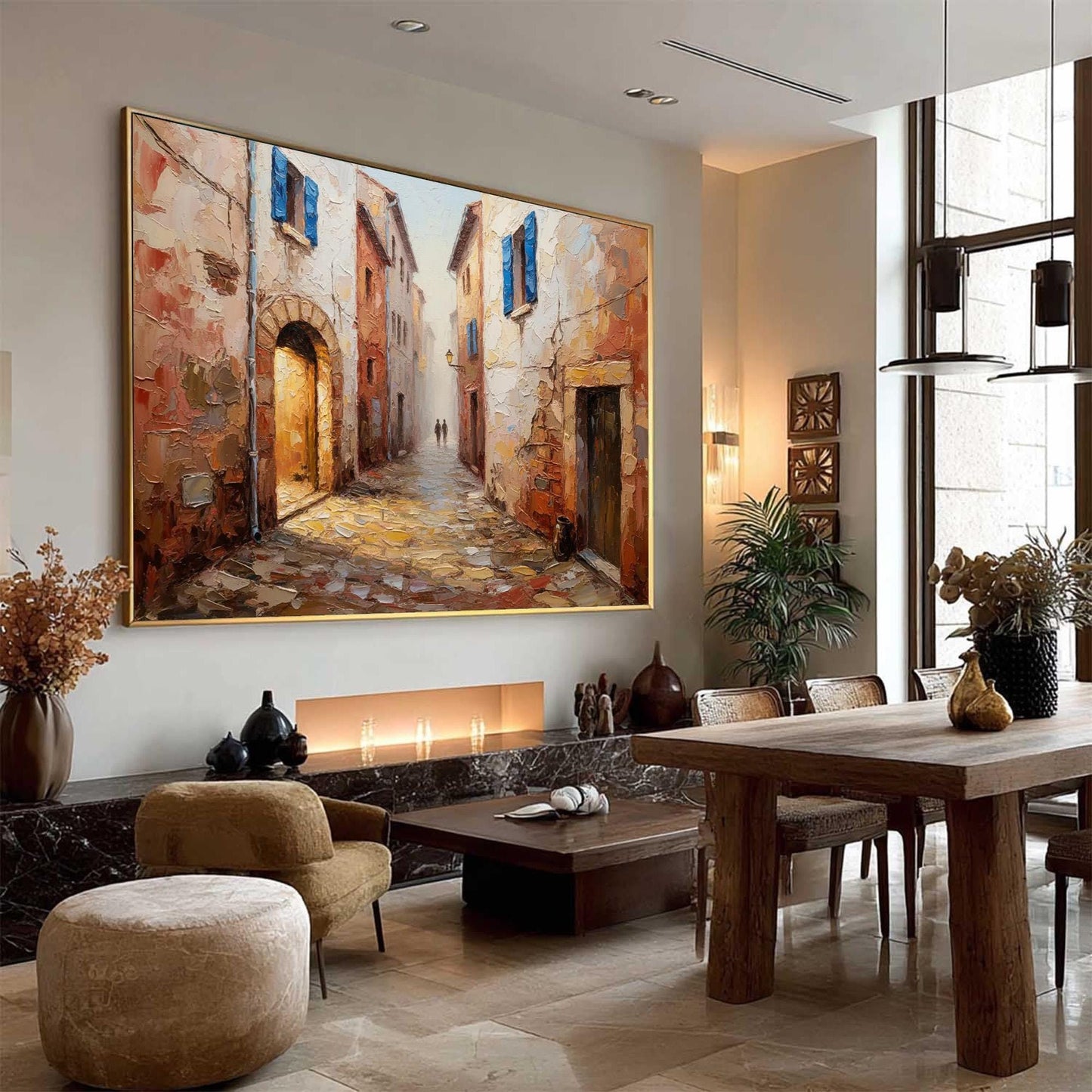 European Cobblestone Canvas - Handmade Acrylic - Tuscany Wall Decor - Travel Home Housewarming Gift – Blue and Terracotta Vil