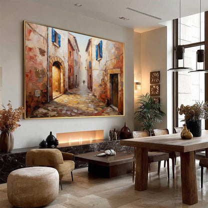 European Cobblestone Canvas - Handmade Acrylic - Tuscany Wall Decor - Travel Home Housewarming Gift – Blue and Terracotta Vil