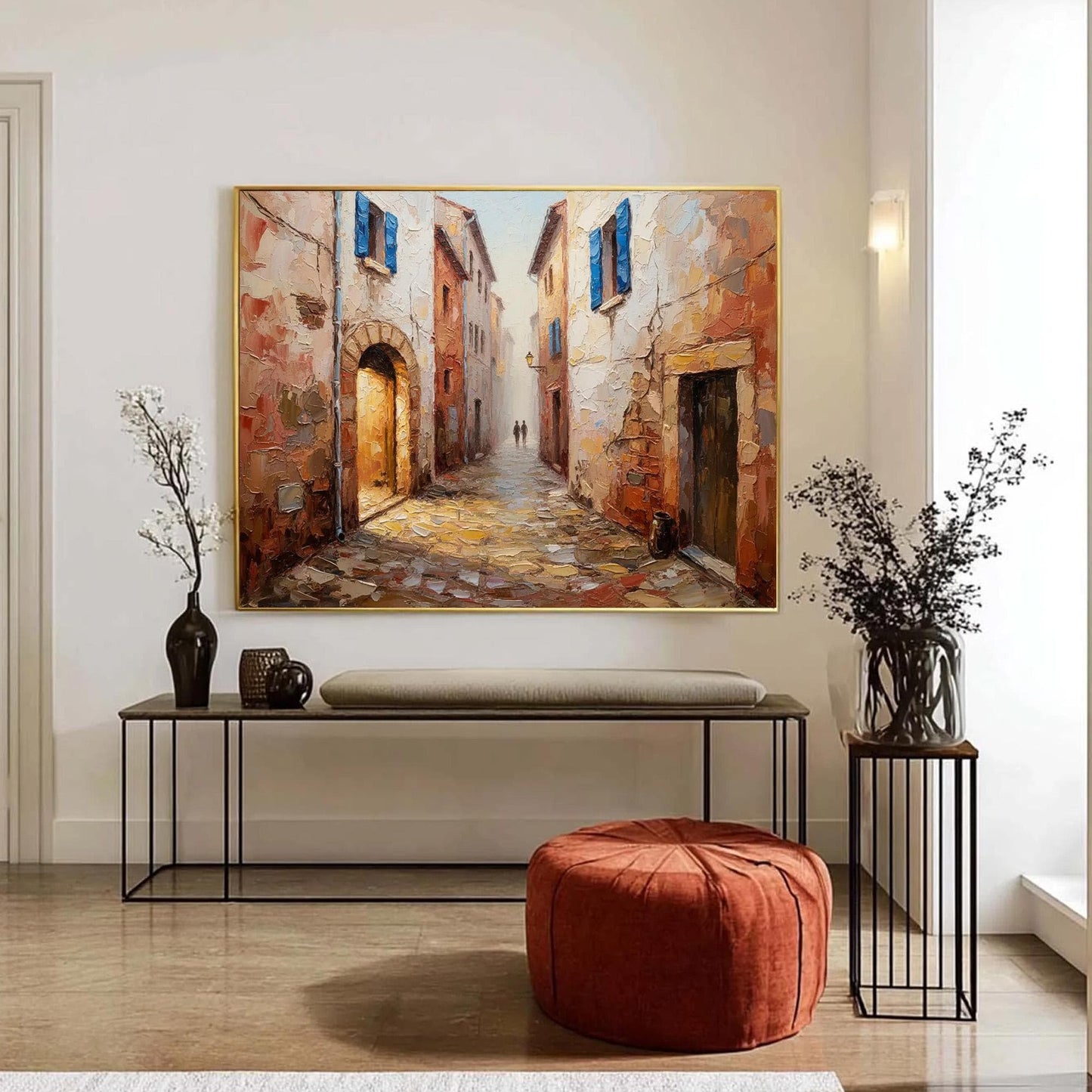 European Cobblestone Canvas - Handmade Acrylic - Tuscany Wall Decor - Travel Home Housewarming Gift – Blue and Terracotta Vil