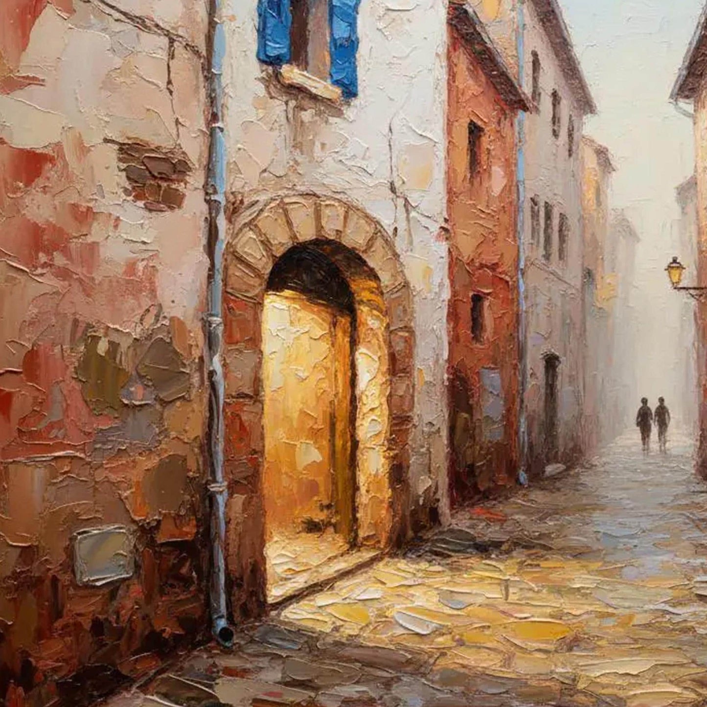 European Cobblestone Canvas - Handmade Acrylic - Tuscany Wall Decor - Travel Home Housewarming Gift – Blue and Terracotta Vil
