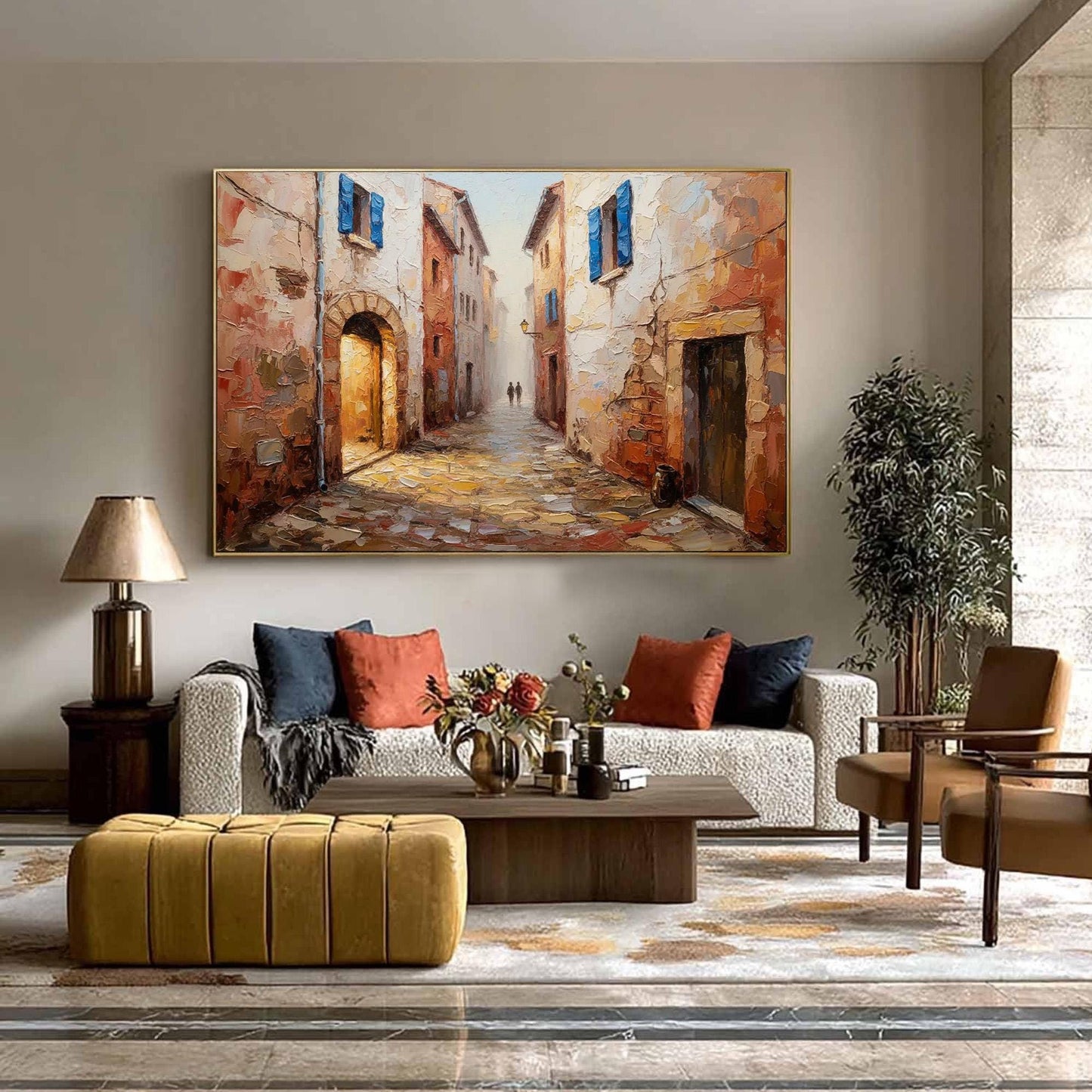 European Cobblestone Canvas - Handmade Acrylic - Tuscany Wall Decor - Travel Home Housewarming Gift – Blue and Terracotta Vil