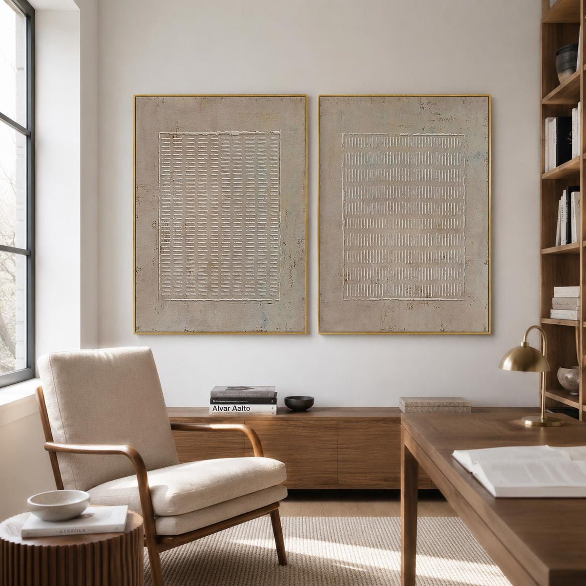 Set of 2 Brown Wabi Sabi Wall Art Line Texture Painting for Office Decor