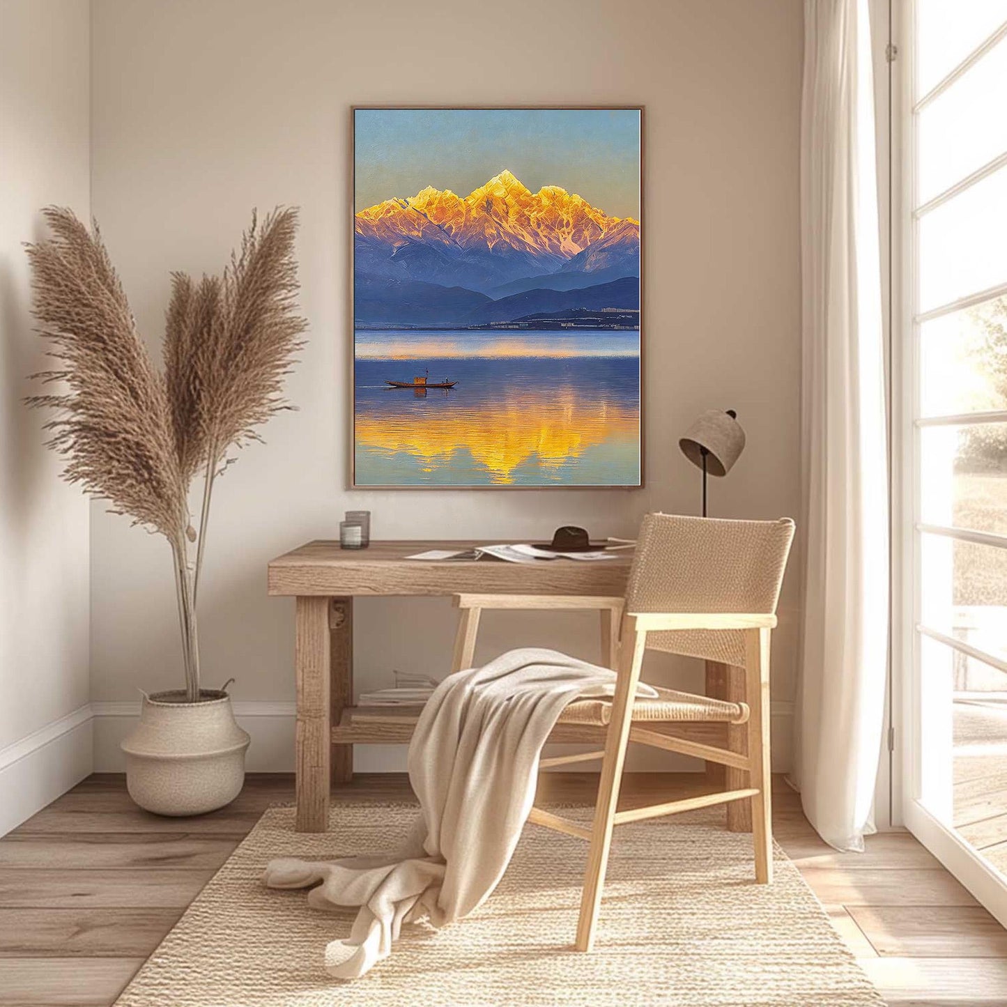 Golden Mountain Sunrise Reflection Lake Landscape Wall Art