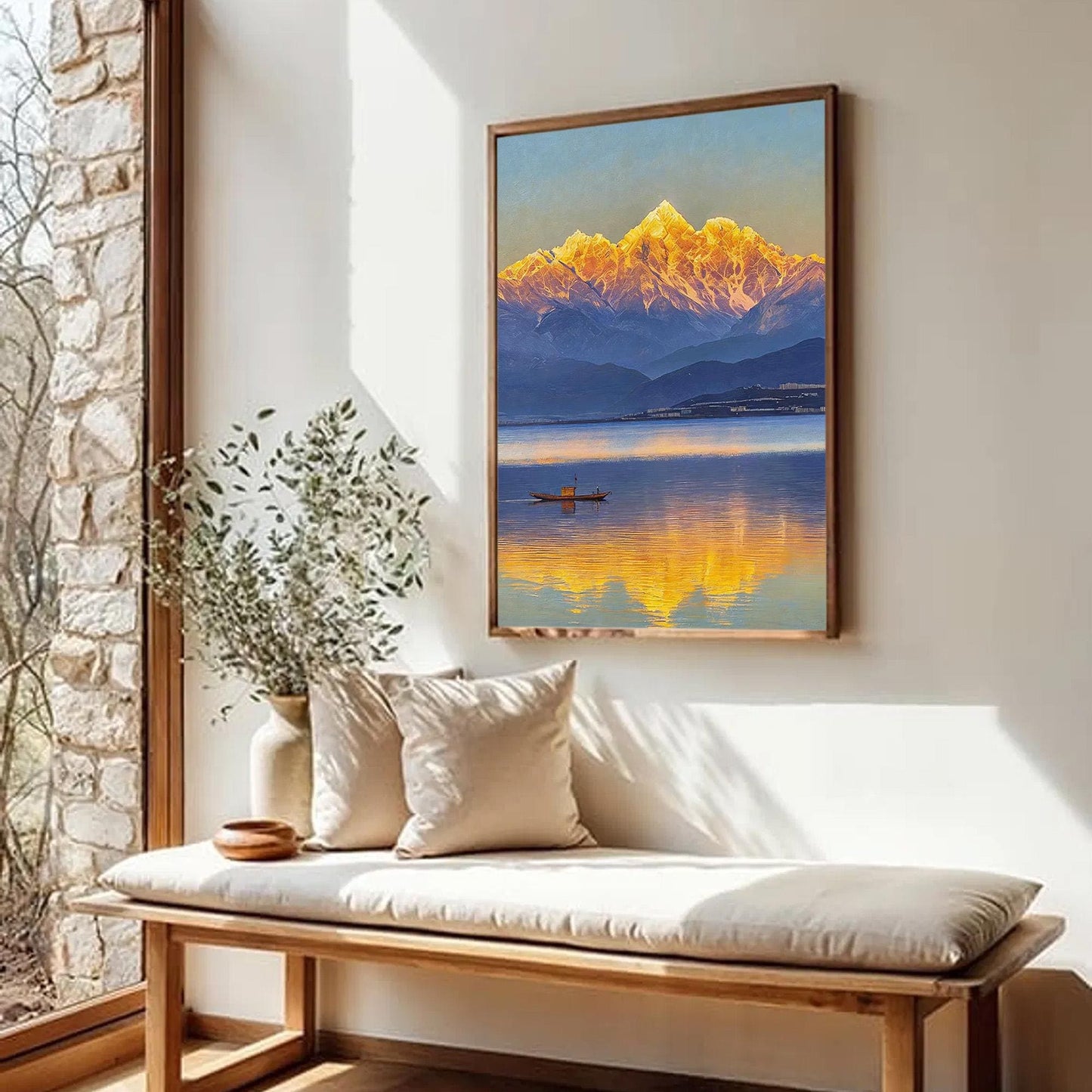 Golden Mountain Sunrise Reflection Lake Painting – Blue and Amber Lake Landscape Wall Art | Painting, view 2
