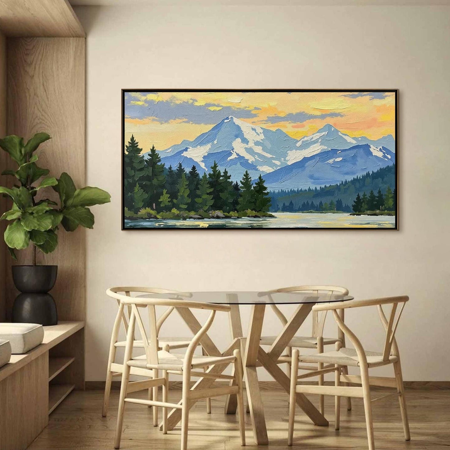 Snow-Capped Mountain Sunset Lake Oil Painting – Blue and Green Impasto Landscape Wall Art