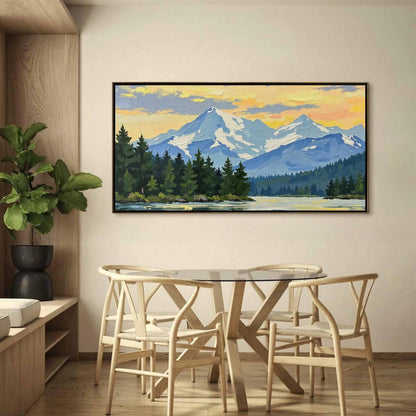 Snow-Capped Mountain Sunset Lake Oil Painting – Blue and Green Impasto Landscape Wall Art