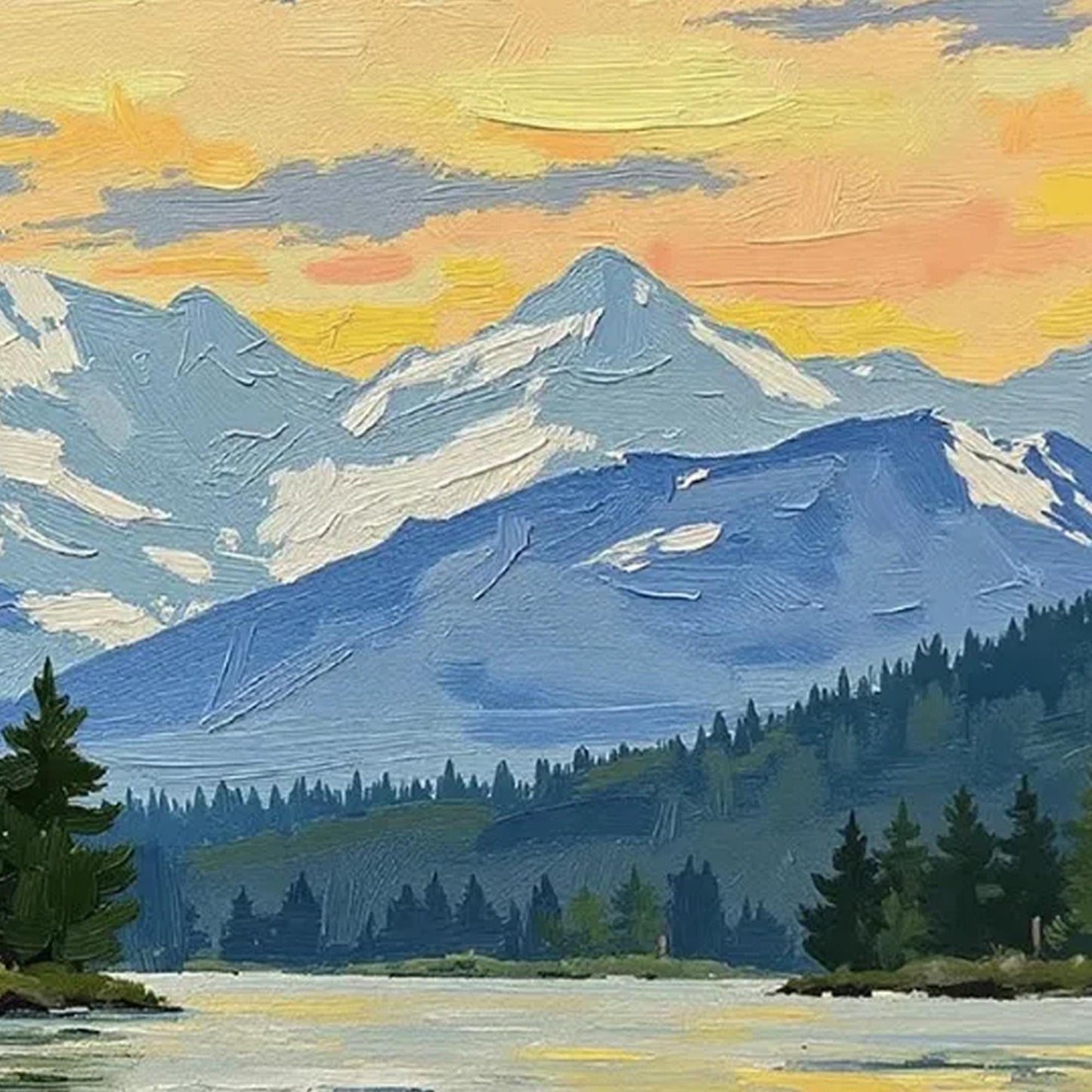 Snow-Capped Mountain Sunset Lake Oil Painting – Blue and Green Impasto Landscape Wall Art