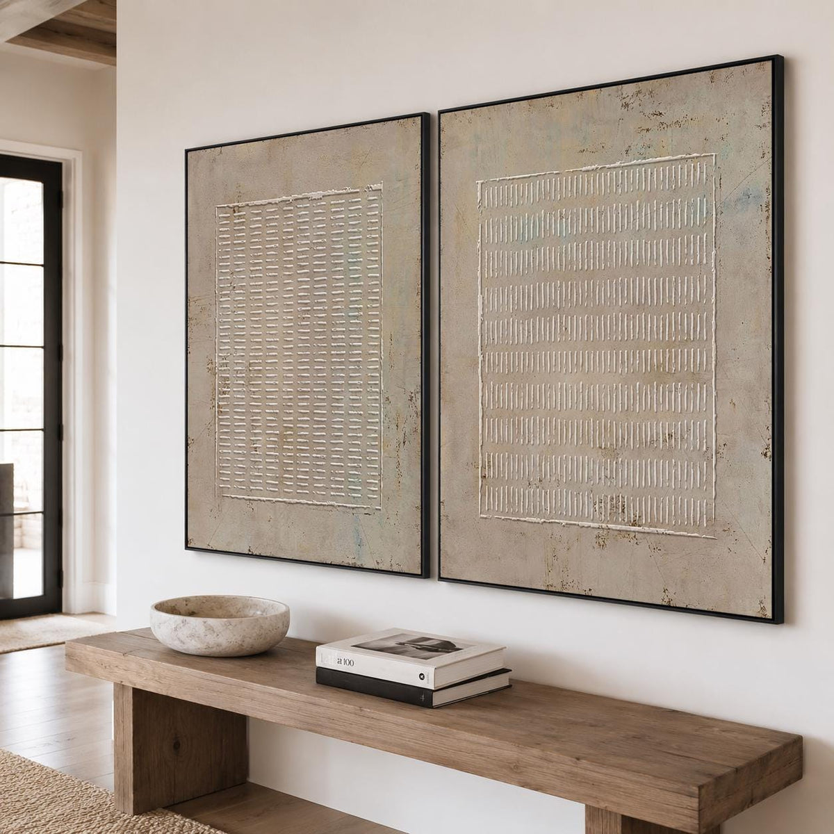Set of 2 Brown Wabi Sabi Wall Art Line Texture Painting for Office Decor