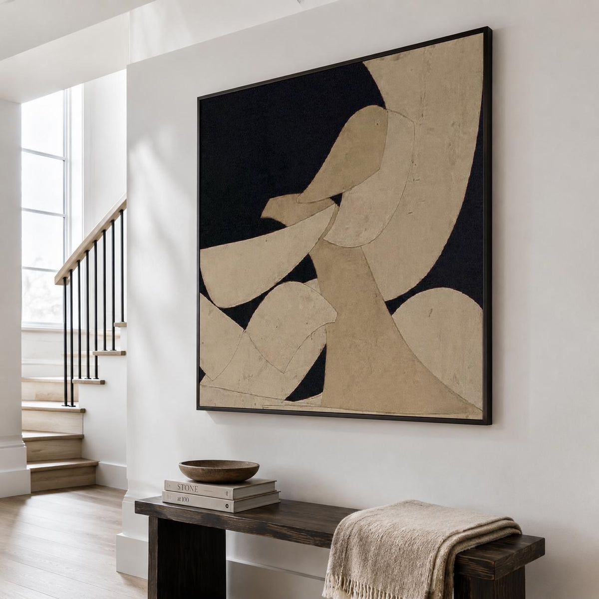 Wabi Sabi Wall Art Beige Black Organic Shape Canvas Painting for Modern Entryway Decor