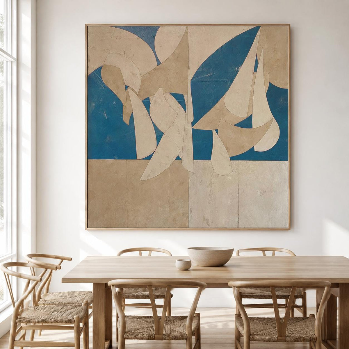 Blue Beige Organic Shape Wall Art Abstract Textured Canvas Painting for Modern Entryway Decor