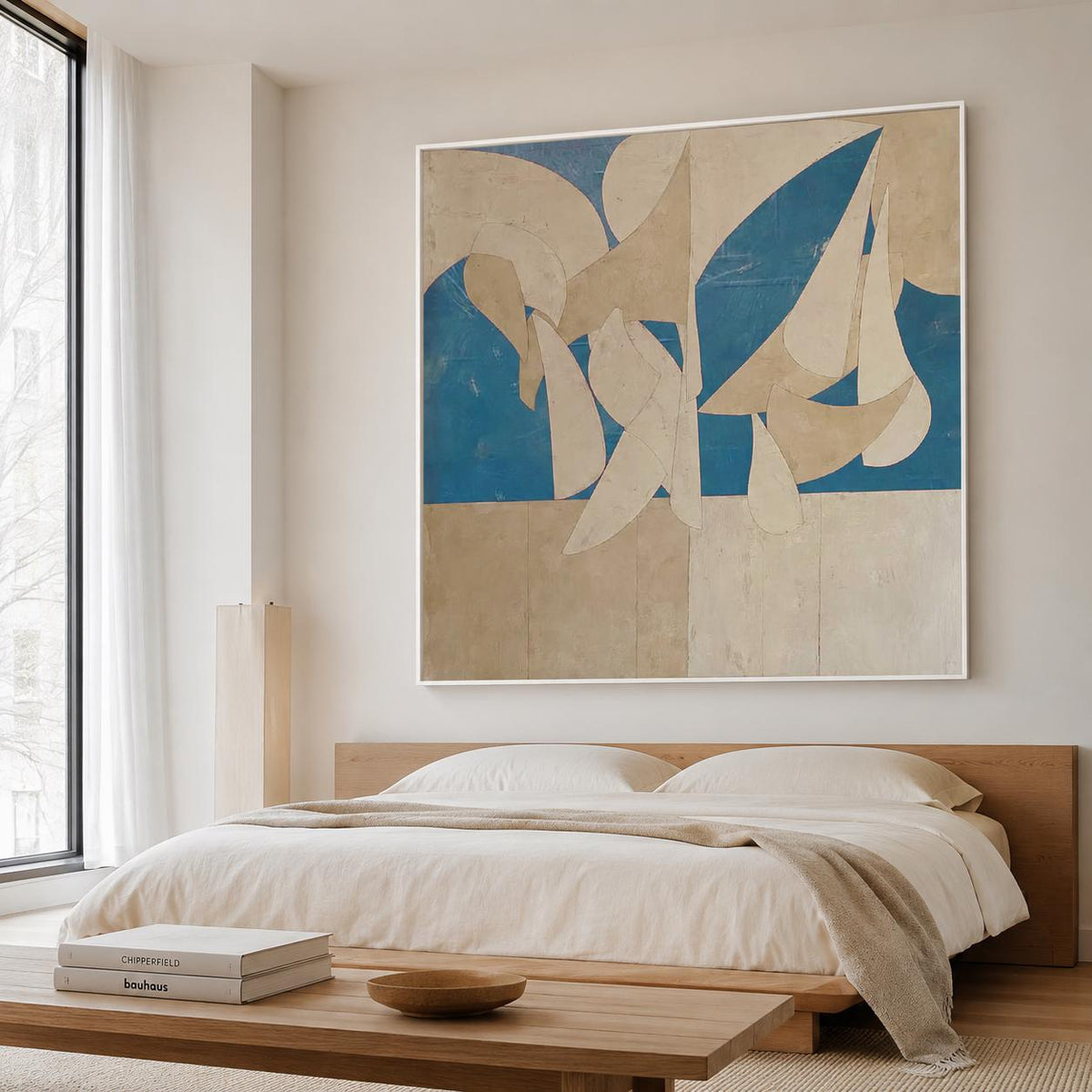 Blue Beige Organic Shape Wall Art Abstract Textured Canvas Painting for Modern Entryway Decor