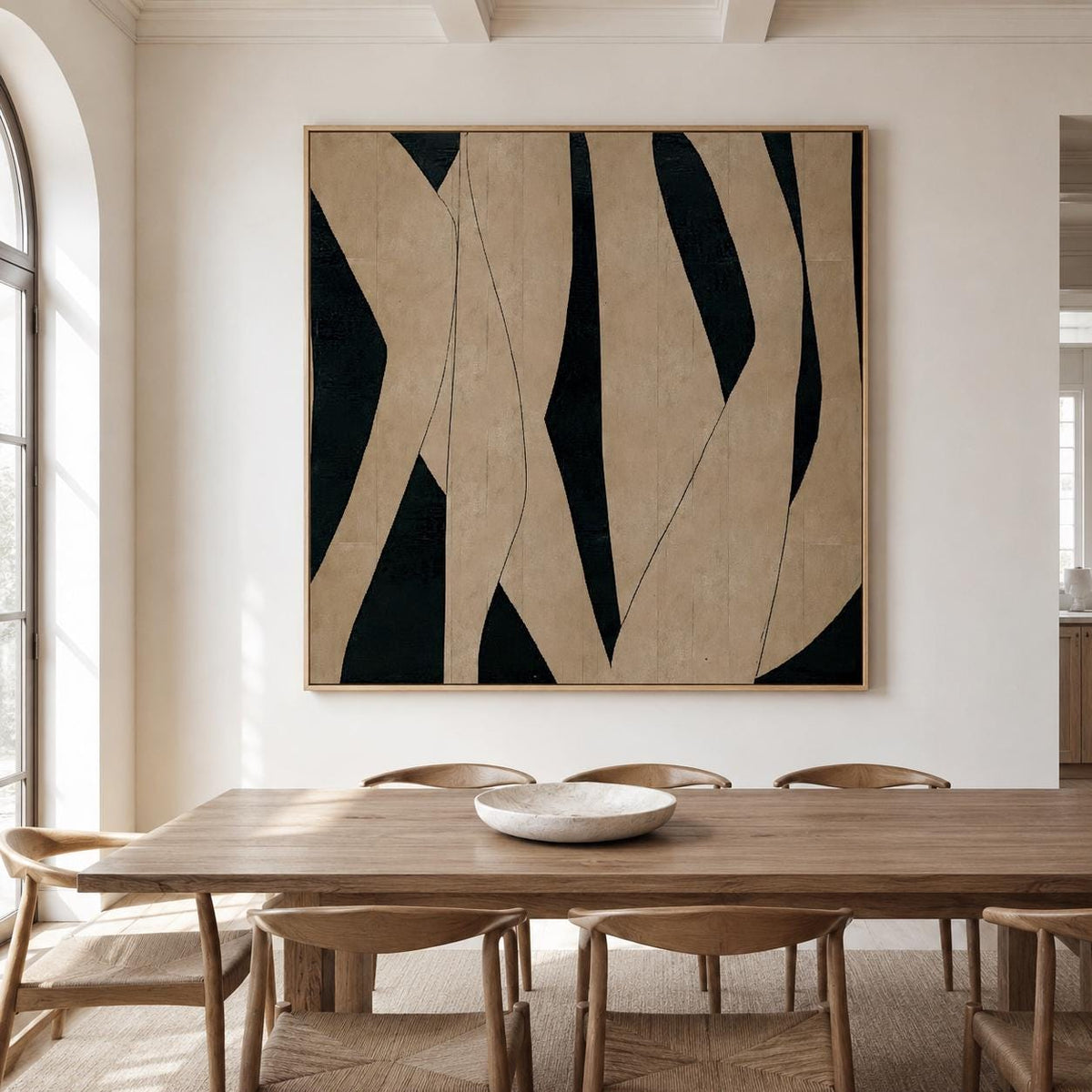 Black Beige Organic Shape Wall Art Dark Green Canvas Painting for Modern Office Decor