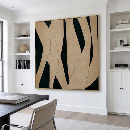 Black Beige Organic Shape Wall Art Dark Green Canvas Painting for Modern Office Decor