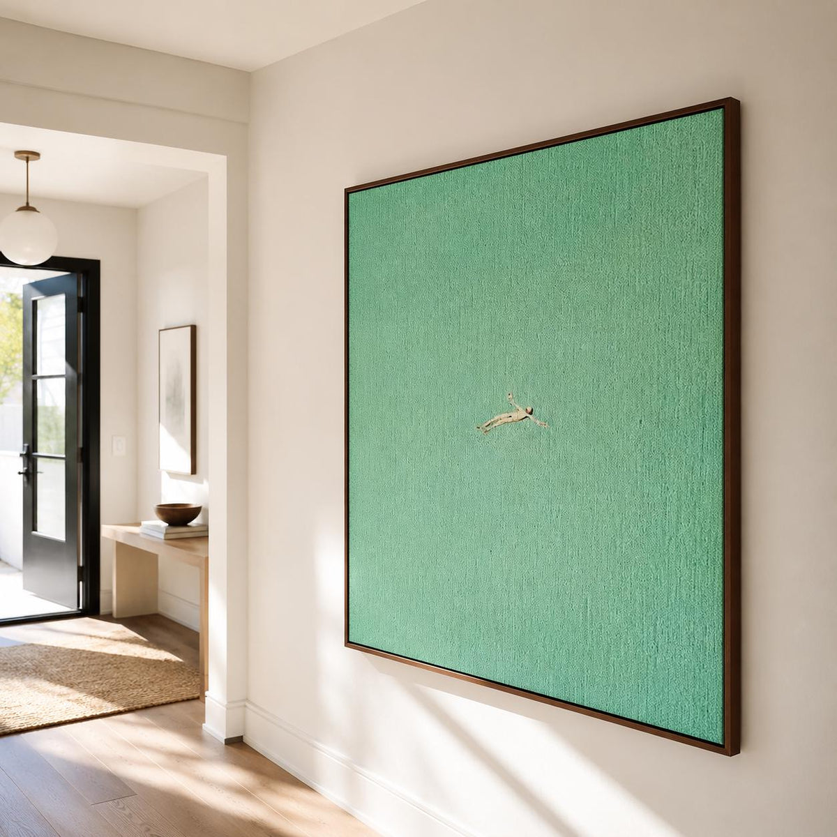 Sea Green Swimmer Wall Art Minimalist Ocean Canvas Painting for Coastal Spa Bathroom Decor