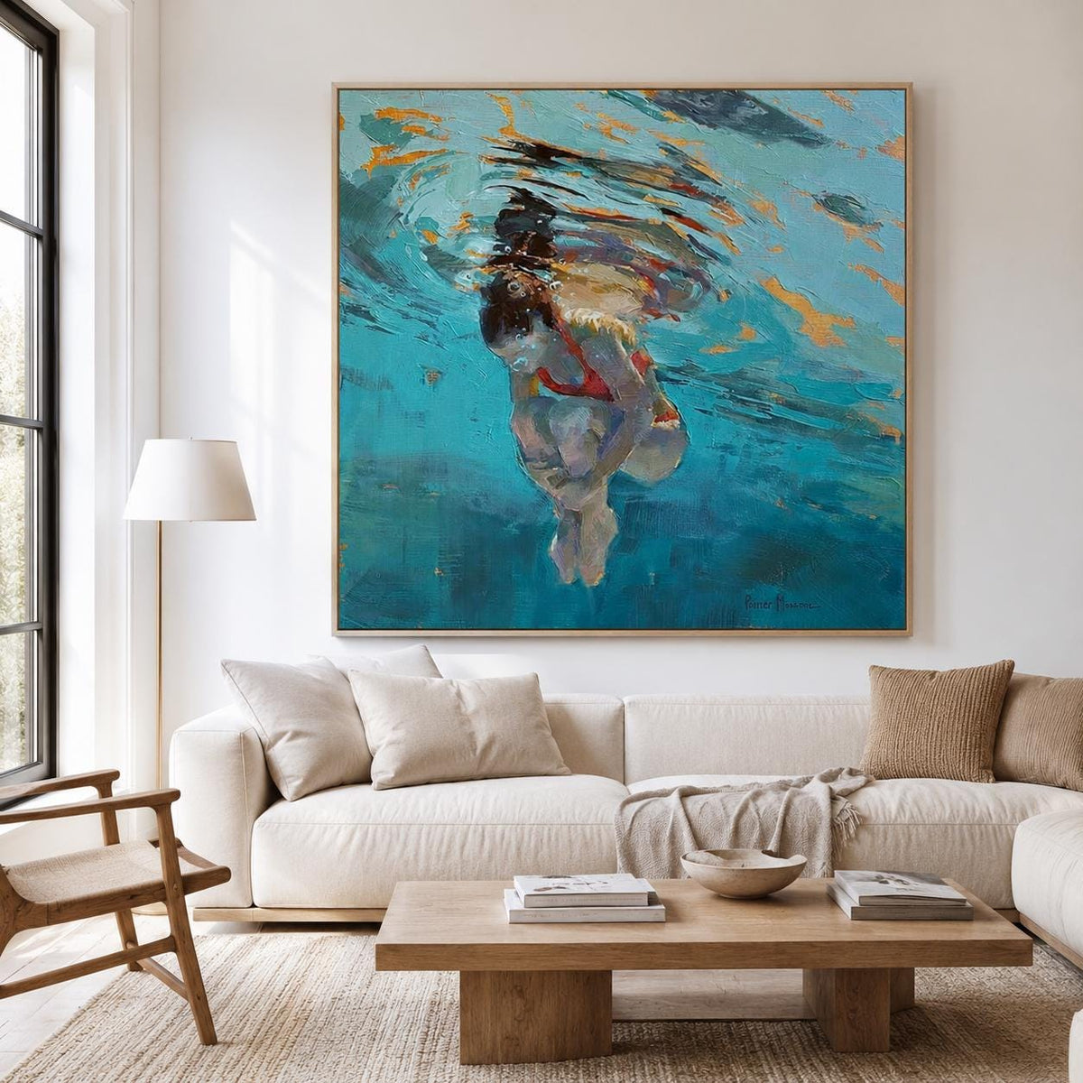 Underwater Woman Swimmer Wall Art Turquoise Blue Textured Canvas Painting for Coastal Bathroom Decor