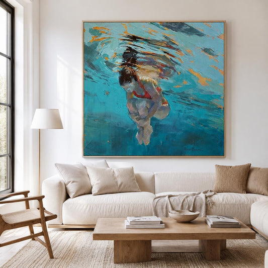 Underwater Woman Swimmer Wall Art Turquoise Blue Textured Canvas Painting for Coastal Bathroom Decor