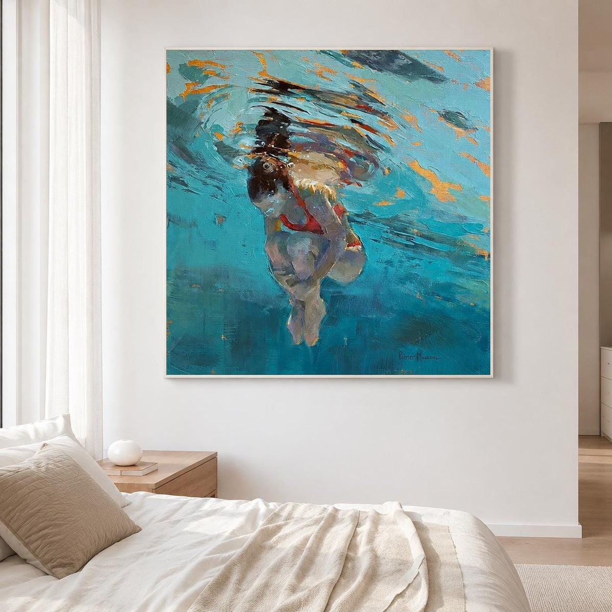 Underwater Woman Swimmer Wall Art Turquoise Blue Textured Canvas Painting for Coastal Bathroom Decor