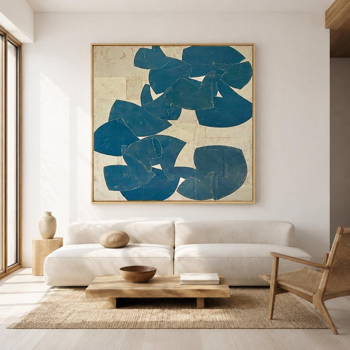 Large Blue Beige Abstract Wall Art Organic Shape Canvas Painting for Living Room Decor