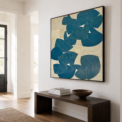 Large Blue Beige Abstract Wall Art Organic Shape Canvas Painting for Living Room Decor