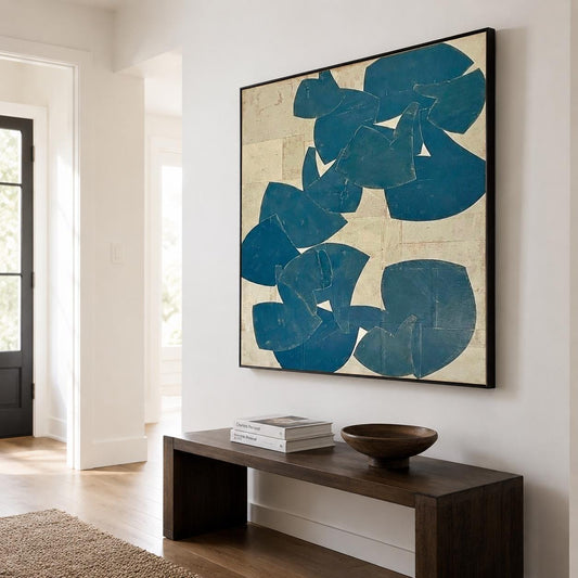 Large Blue Beige Abstract Wall Art Organic Shape Canvas Painting for Living Room Decor