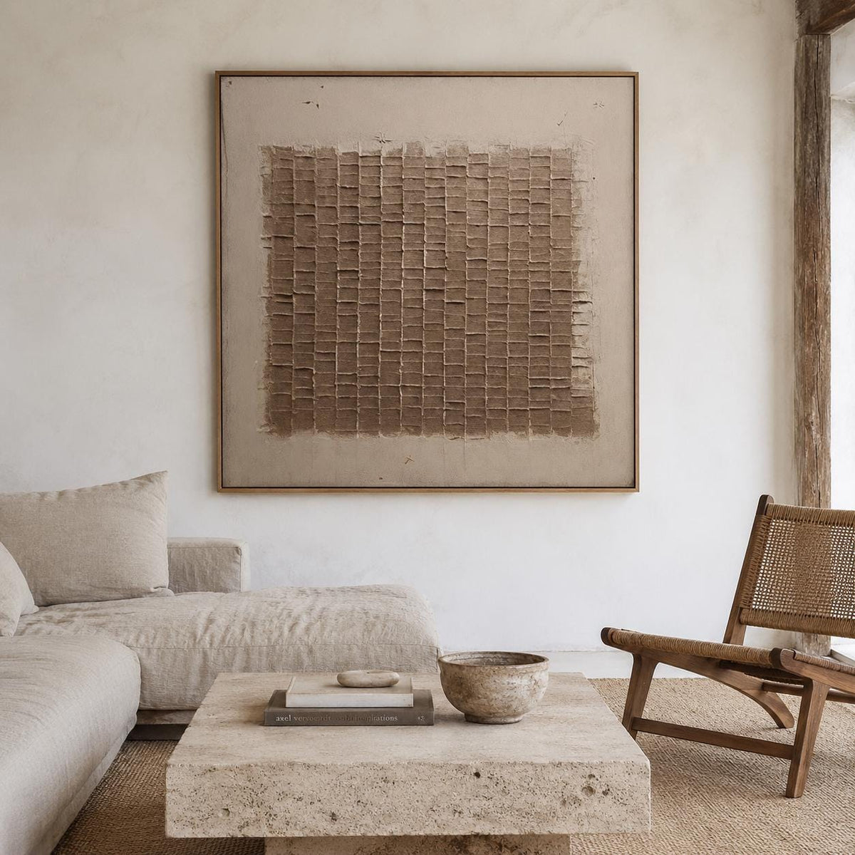 Wabi Sabi Wall Art Brown Beige Plaster Texture Canvas Painting for Living Room Decor