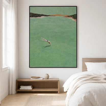 Sea Green Diver Wall Art Vintage Minimalist Ocean Canvas Painting for Entryway Decor