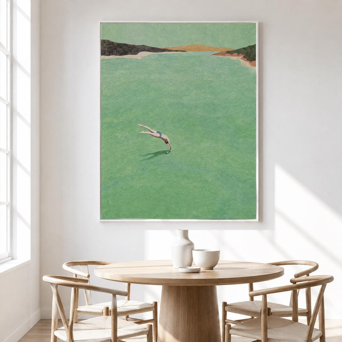 Sea Green Diver Wall Art Vintage Minimalist Ocean Canvas Painting for Entryway Decor