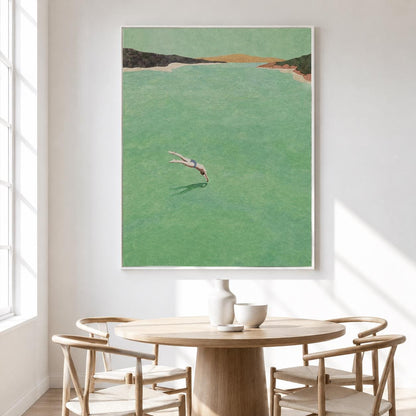 Sea Green Diver Wall Art Vintage Minimalist Ocean Canvas Painting for Entryway Decor