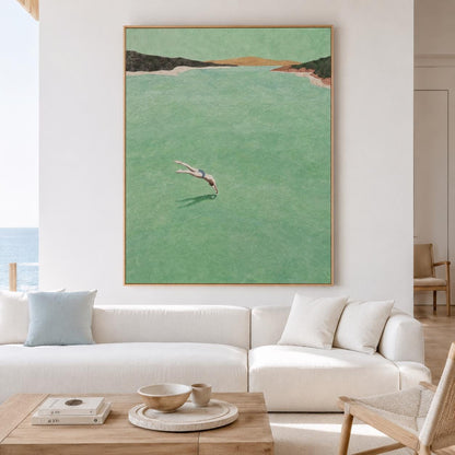 Sea Green Diver Wall Art Vintage Minimalist Ocean Canvas Painting for Entryway Decor