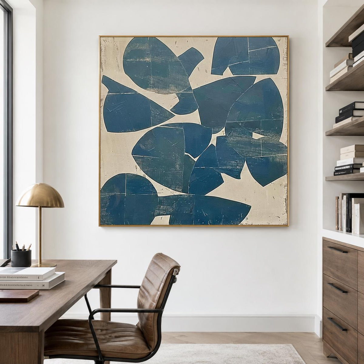 Blue Organic Shape Wall Art Beige Abstract Canvas Painting for Modern Living Room Decor