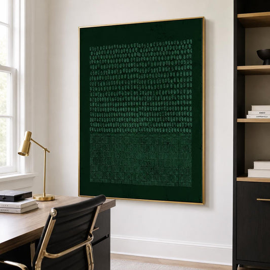 Forest Green Wabi Sabi Wall Art Dot Line Texture Painting for Modern Office Decor