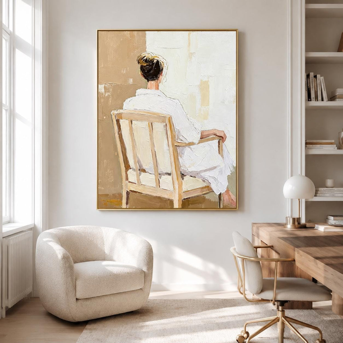 Woman Back Figure Wall Art Neutral Beige White Robe Canvas Painting for Bedroom Decor