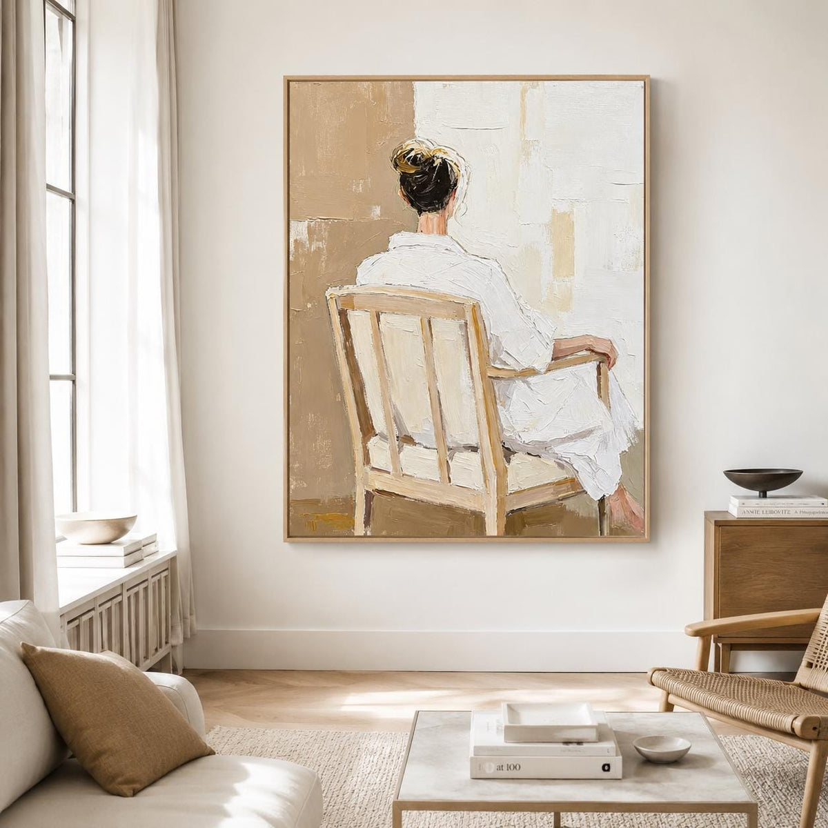 Woman Back Figure Wall Art Neutral Beige White Robe Canvas Painting for Bedroom Decor