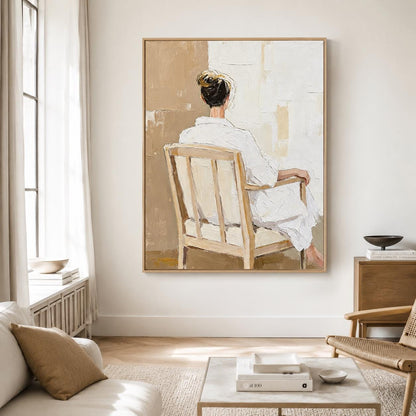 Woman Back Figure Wall Art Neutral Beige White Robe Canvas Painting for Bedroom Decor