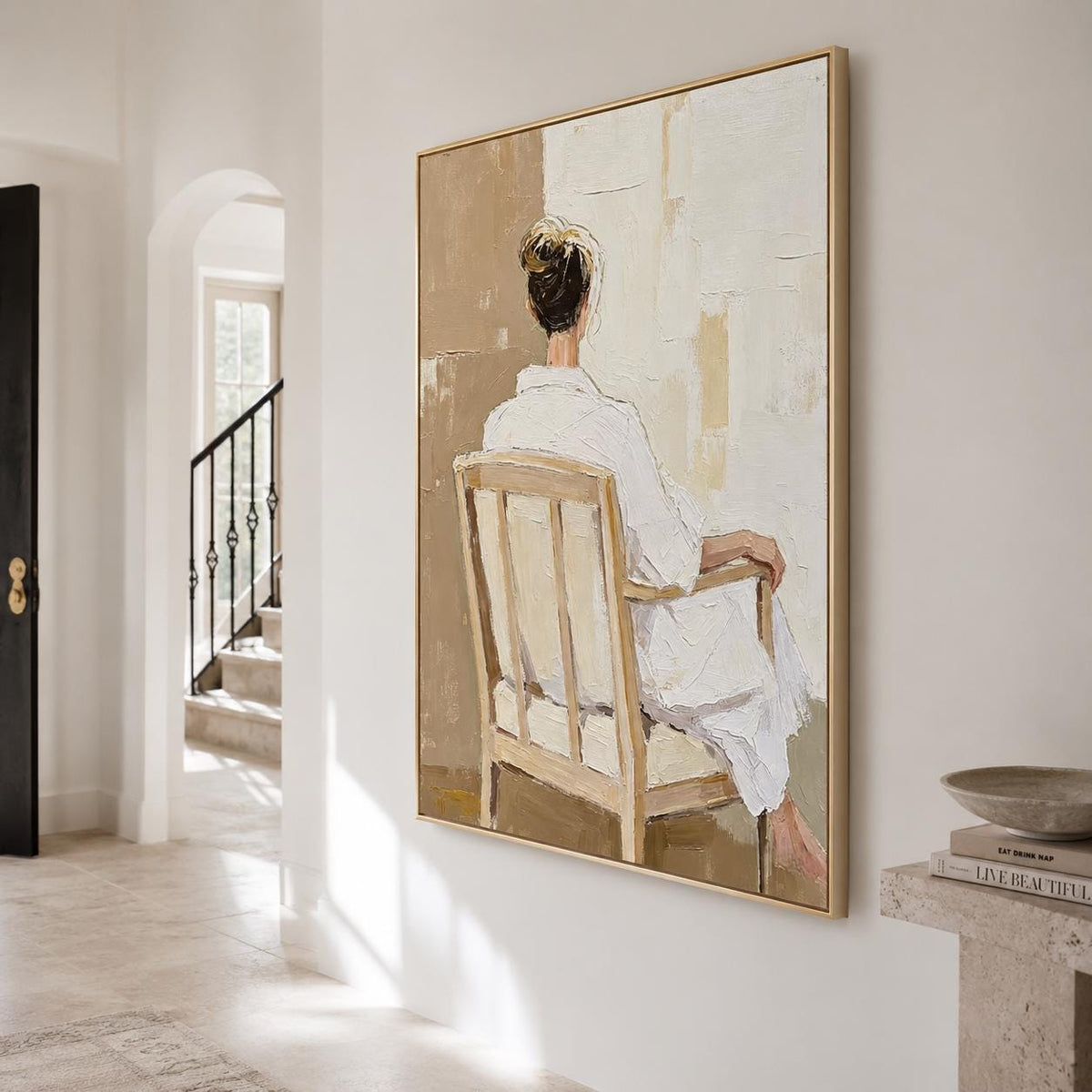 Woman Back Figure Wall Art Neutral Beige White Robe Canvas Painting for Bedroom Decor