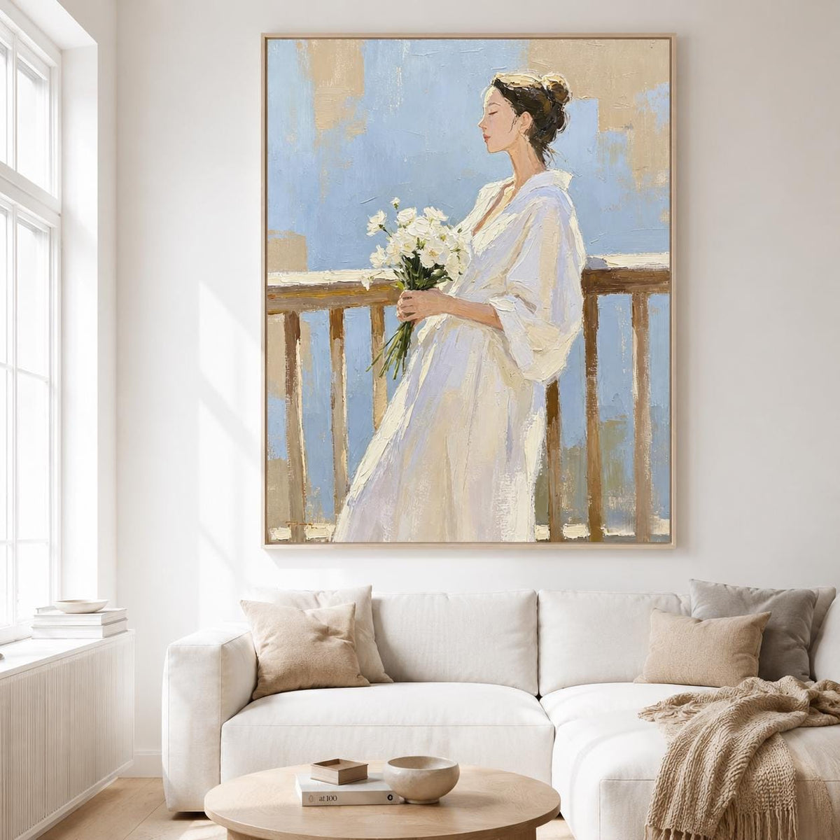 Woman With Flowers Wall Art Soft Blue White Dress Canvas Painting for Entryway Decor