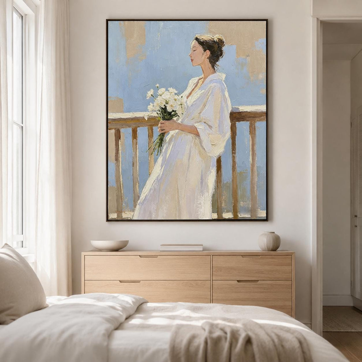 Woman With Flowers Wall Art Soft Blue White Dress Canvas Painting for Entryway Decor