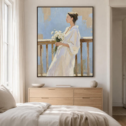 Woman With Flowers Wall Art Soft Blue White Dress Canvas Painting for Entryway Decor
