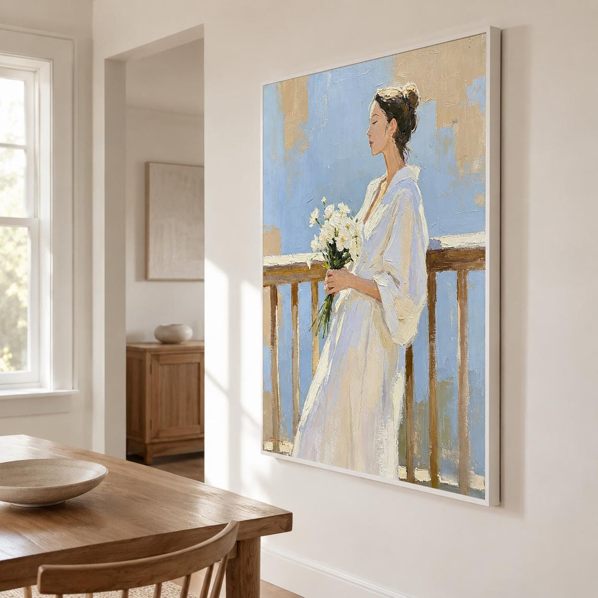 Woman With Flowers Wall Art Soft Blue White Dress Canvas Painting for Entryway Decor