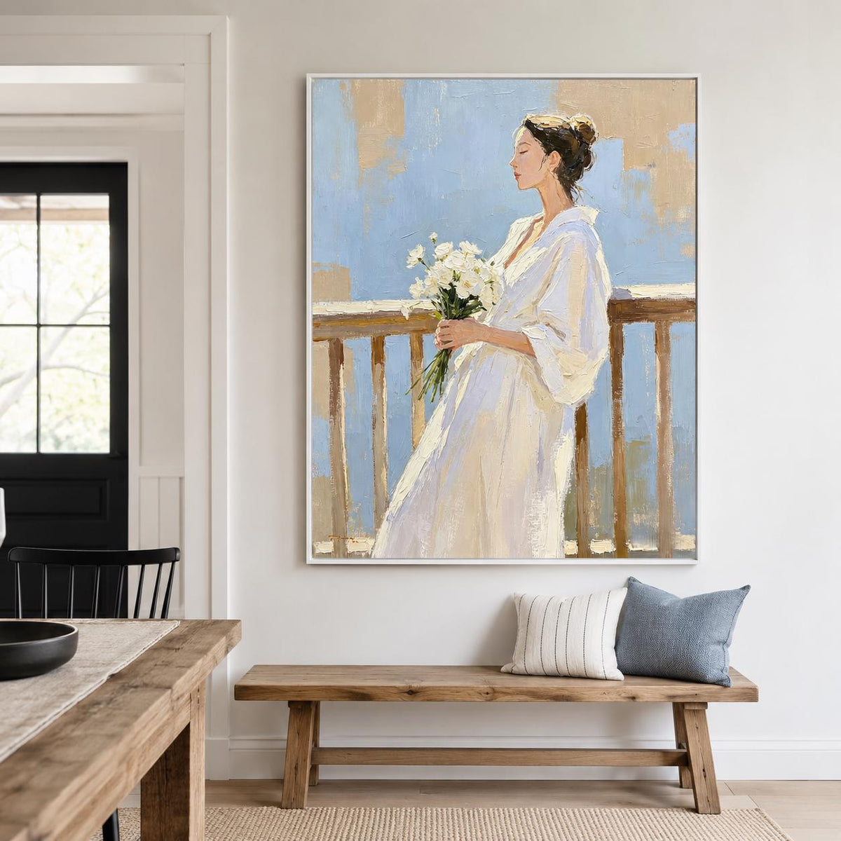 Woman With Flowers Wall Art Soft Blue White Dress Canvas Painting for Entryway Decor