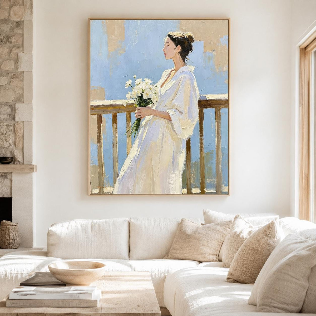 Woman With Flowers Wall Art Soft Blue White Dress Canvas Painting for Entryway Decor