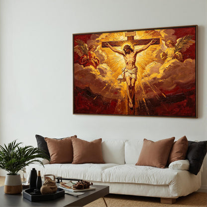 Jesus Cross Angels Canvas - Sacred Religious Art - Handmade Oil Acrylic - Church Chapel Devotional Gift – Gold and Red Abstra