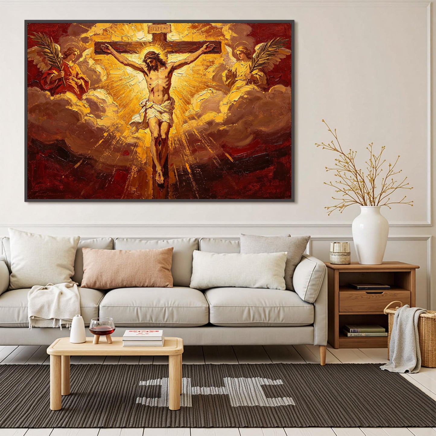 Gold and Red Expressionist Abstract – Jesus Cross Angels Canvas - Sacred Religious Art - Handmade Oil Acrylic - Church Chapel Devotional Gift